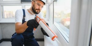 Professional worker wearing safety gear applying sealant with a caulking gun during a home window installation project.