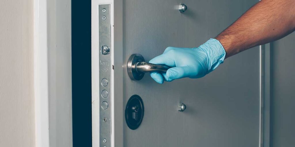 Hand wearing a blue glove pushing down the metallic handle of an open modern door with a multi-point locking mechanism.
